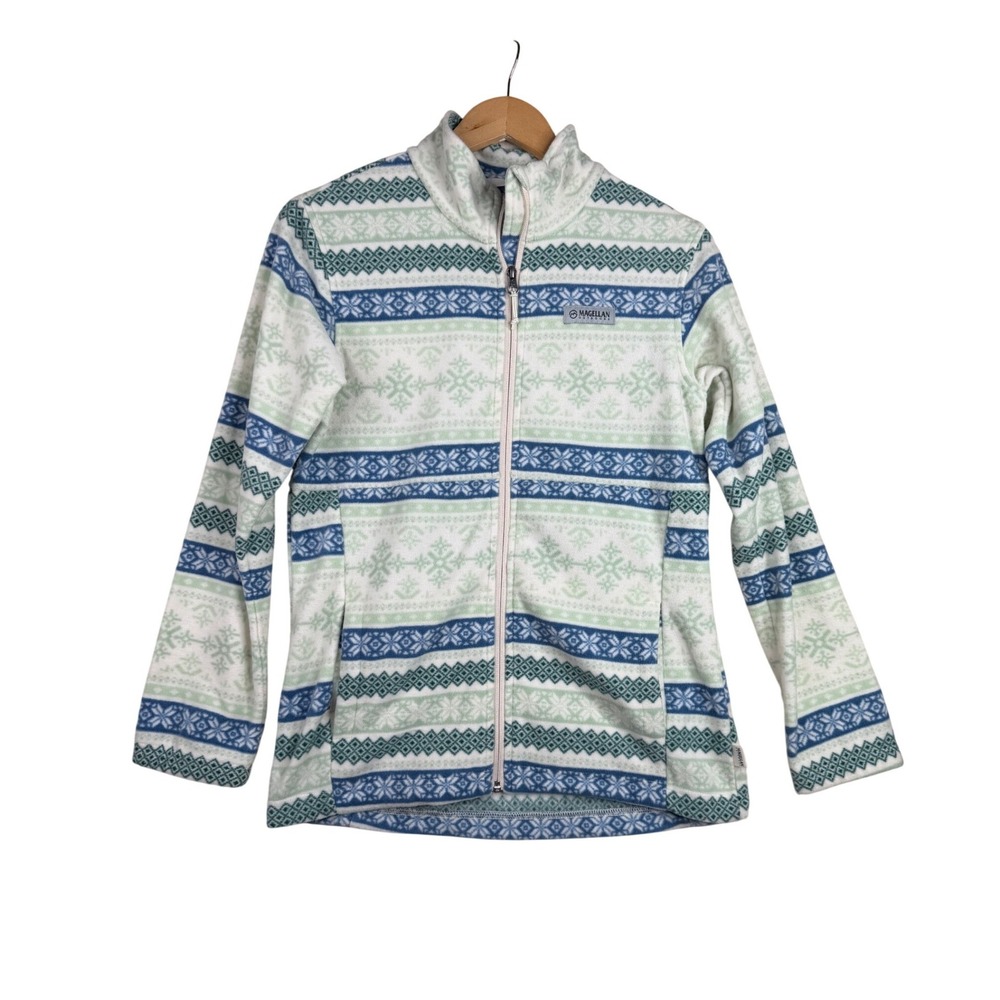 Magellan Faire Isle Print Classic‎ Full Zip Sweater size Small Blue/Green